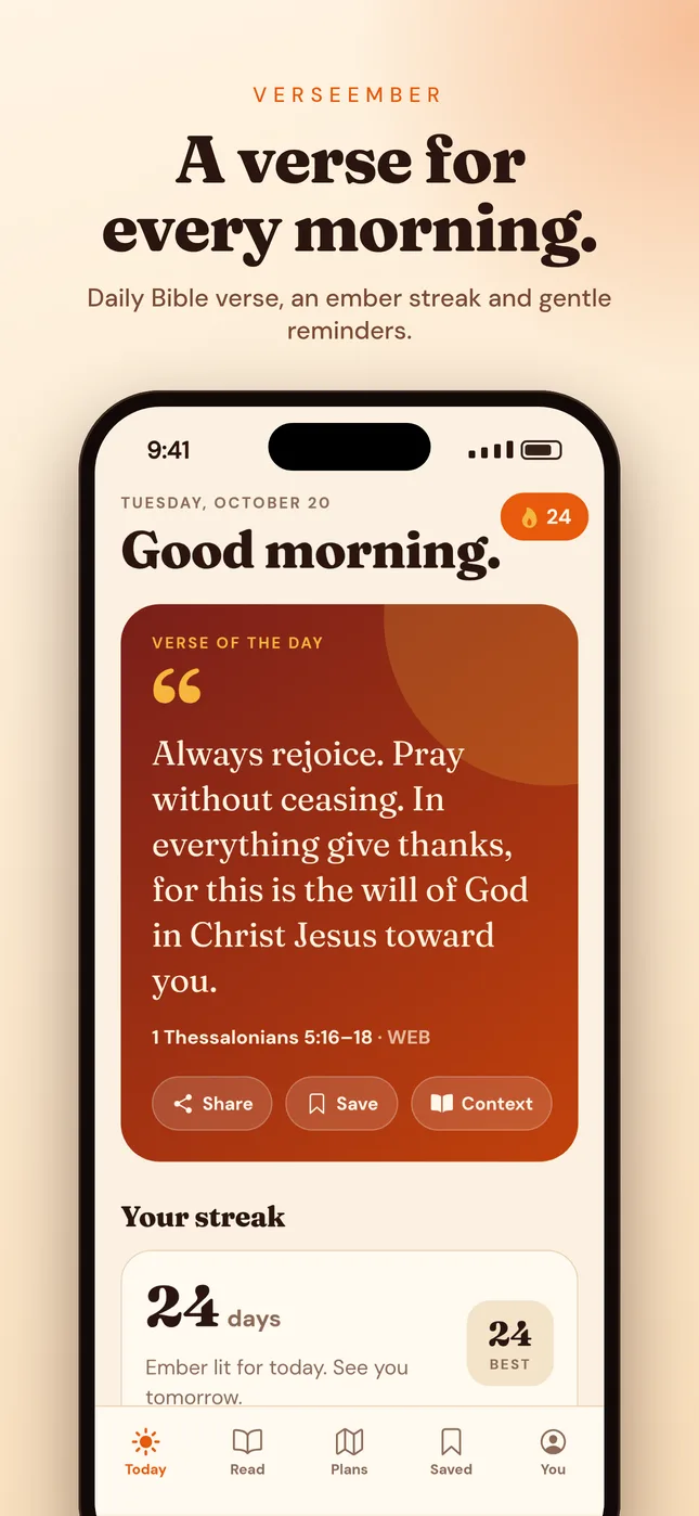 VerseEmber Today screen showing the verse of the day and a 24-day reading streak